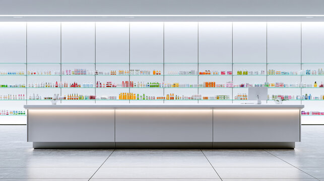 Modern Pharmacy Counter With Shelf Rows Of Medicine Bottles Boxes Display
