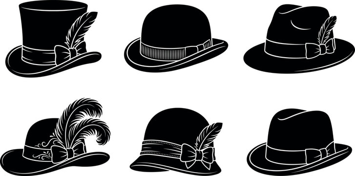 Vintage classic hats black silhouette vector set featuring retro top hat bowler fedora and flapper cloche