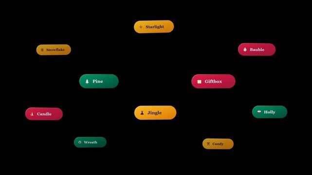 Modern vector Christmas concept animation featuring commercial holiday badges, festive pills, winter season icons, and Noel celebration art on a clean black background.