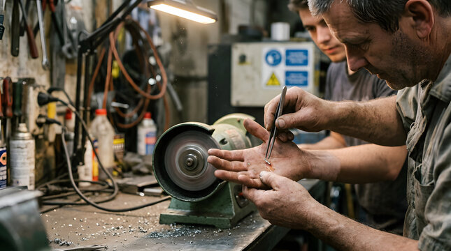 Worker removing a splinter from another mans hand in a workshop.