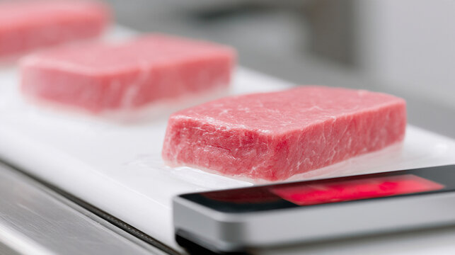 Raw Pork Meat Cut Slices On Digital Scale In Meat Factory
