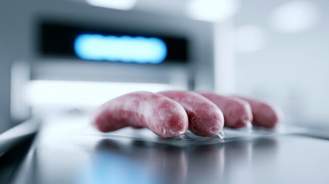 Raw Sausage Line On Conveyor Belt In Meat Processing Industrial Plant
