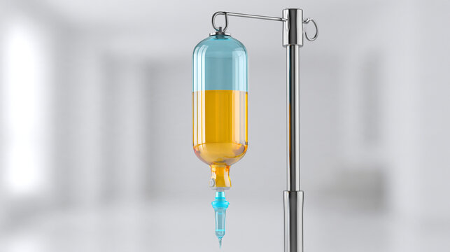 Liquid Infusion Intravenous IV Bag Hanging On Stand In Hospital
