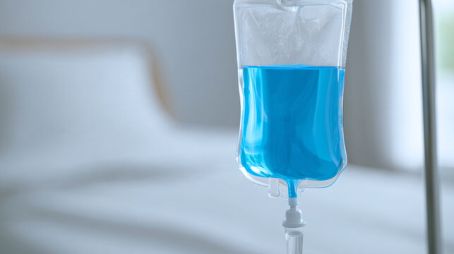 Blue Liquid Infusion Intravenous IV Bag Hanging On Stand In Hospital
