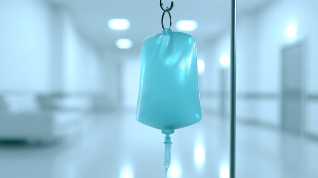 Liquid Infusion Intravenous IV Bag Hanging On Stand In Hospital
