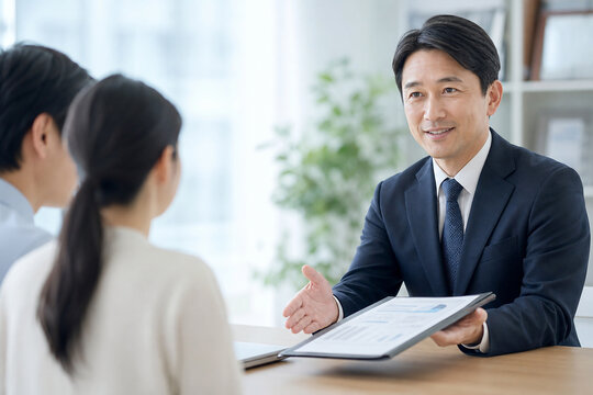 相談者に資料を説明する日本人ビジネスマン