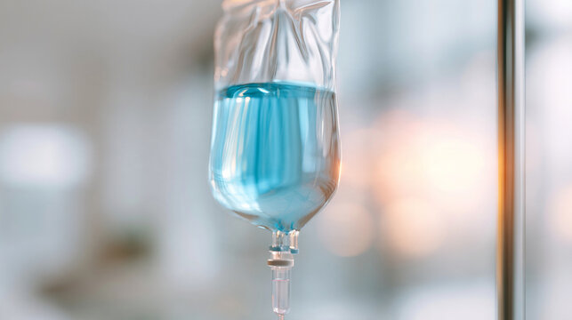 Blue Liquid Infusion Intravenous IV Bag Hanging On Stand In Hospital
