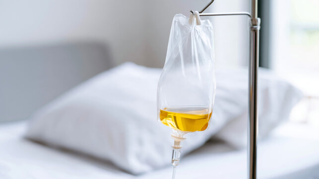 Liquid Infusion Intravenous IV Bag Hanging On Stand In Hospital
