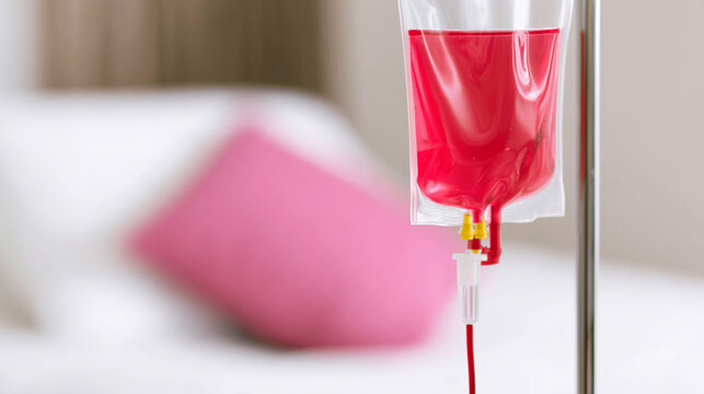 Liquid Infusion Intravenous IV Bag Hanging On Stand In Hospital
