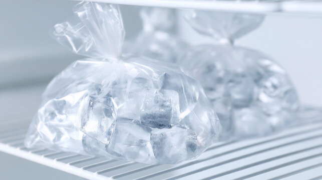 Clear Plastic Bags Of Ice Cubes Stacked In Commercial Freezer Storage Unit
