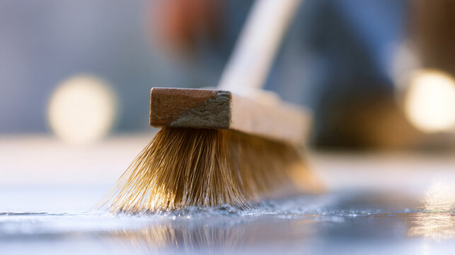 Worker Sweeping Wet Concrete Surface With Broom At Sunset Construction Site
