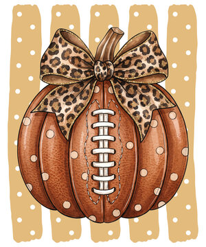 Cute football pumpkin with leopard print bow shirt design for autumn and fall season decor isolated on transparent background