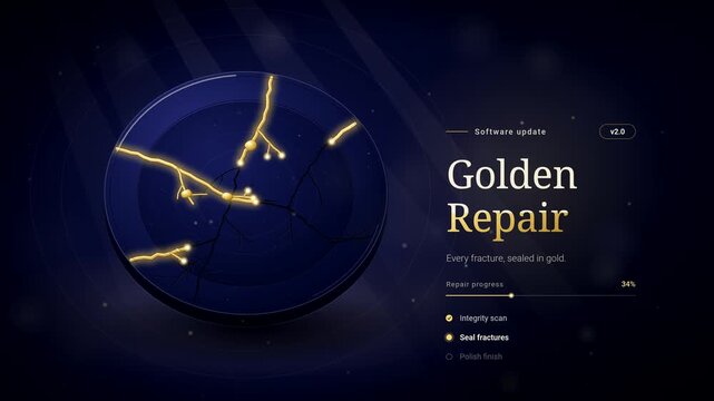 Kintsugi Golden Repair, Cracked Ceramic Plate Healed with Gold, Software Update Animation