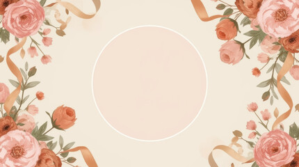 Fototapeta premium Floral wedding background with rose border and empty circle frame in pastel colors