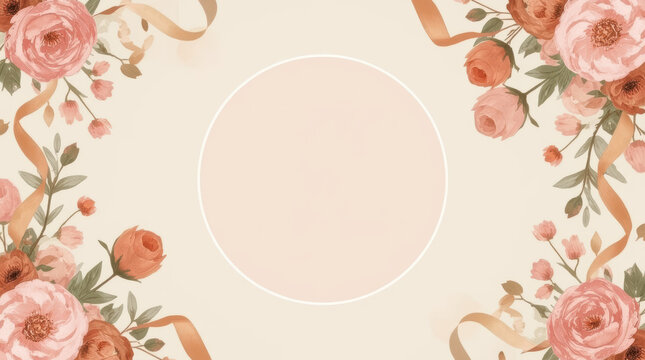 Floral wedding background with rose border and empty circle frame in pastel colors