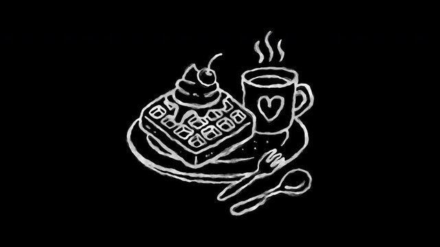 Hand drawn chalk style 2D animated loop of waffle dessert and hot coffee cup for cafe menu illustration and culinary web design