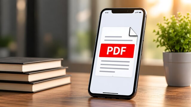 Smartphone displaying a PDF document icon on screen sitting on a wooden desk next to a stack of books