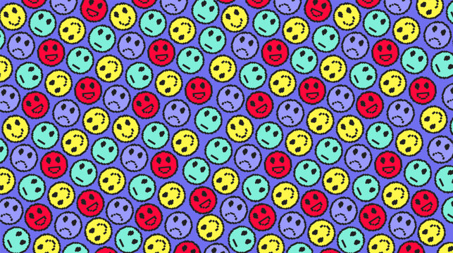Colorful Pixel Smiley Face Seamless Pattern on Purple Background. Illustration Vector