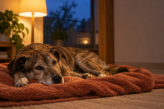 Rescue dog resting on a washable blanket in in warm evening light