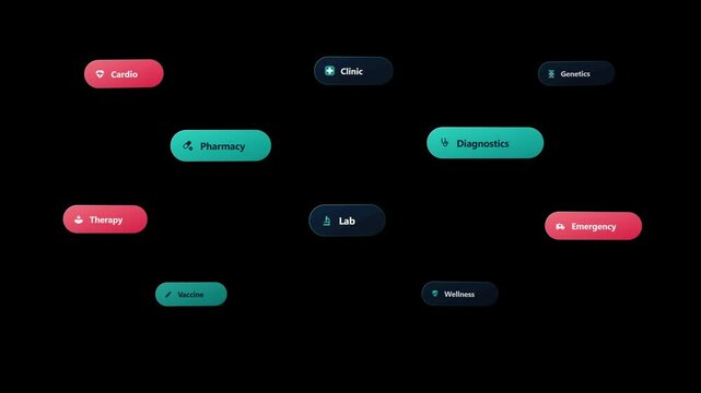 Modern vector healthcare concept animation featuring commercial medical badges, clinical pills, cardiology pulse, and pharmacy icons on a clean black background.