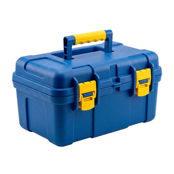 Durable blue plastic toolbox with bright yellow latches and handle for tool storage and organization PNG Isolated on transparent background