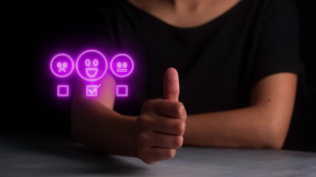 Feedback survey concept with neon emoticon icons and checkmark