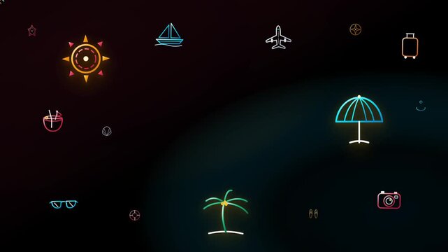 Modern vector holiday concept motion animation featuring 15 kinetic travel icons with generous central copy space for editor text on a clean dark background.