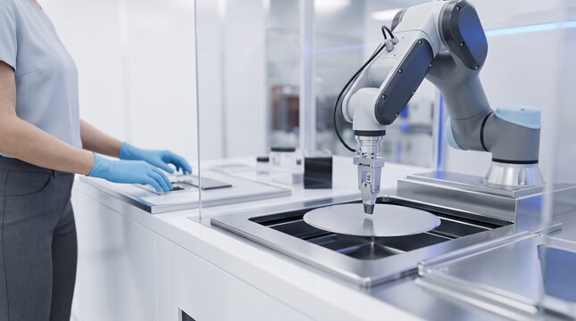 Robotic manipulator arm handling silicon wafer inside cleanroom workstation while technician in glove assists