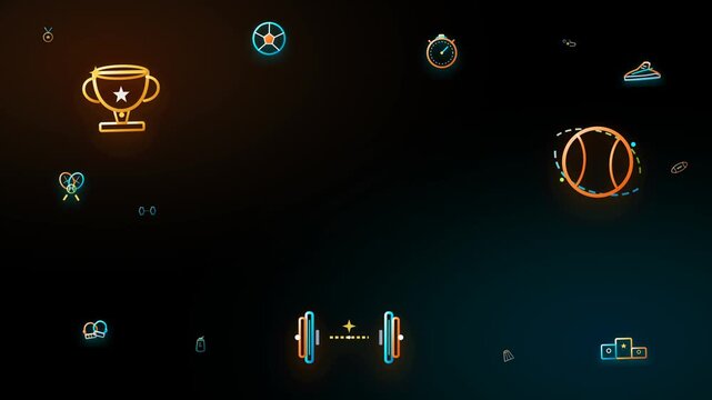 Modern vector sport concept motion animation featuring 15 kinetic athletic icons with generous central copy space for editor text on a clean dark background.