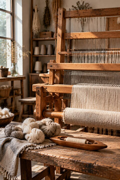 Vertical view of traditional weaving materials arranged on a workbench