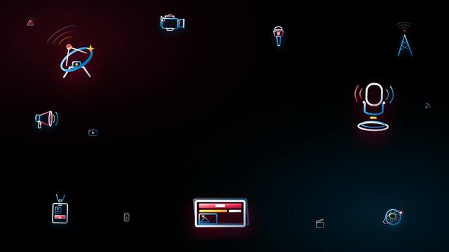 Modern vector news broadcast motion animation featuring 15 kinetic media icons with generous central copy space for editor text on a dark background.