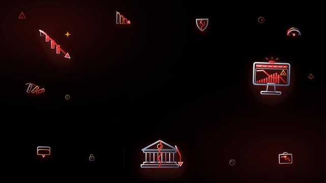 Modern vector stock market crash motion animation featuring 15 kinetic bearish crisis icons with generous central copy space for editor text on dark background.