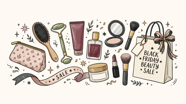 Hand drawn cosmetics and beauty products banner for black friday sale with makeup bag, lipstick, brushes, perfume, jade roller and shopping bag