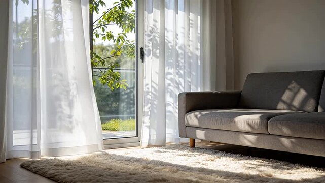Sunlit living room with gray sofa and white sheer curtains