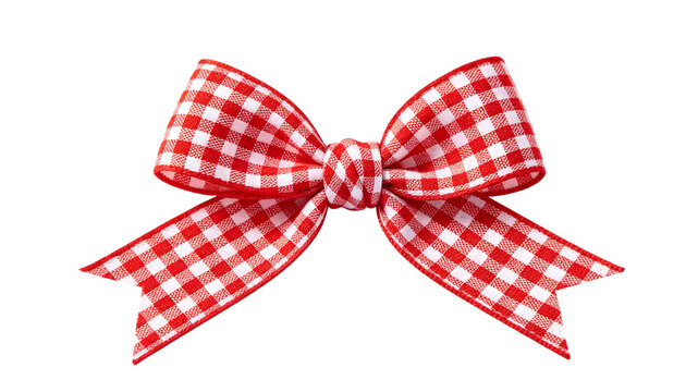 Red and white gingham ribbon bow isolated on white background