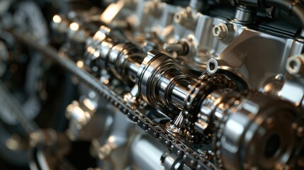 Fototapeta premium A close-up of a car engine with a focus on the camshaft and chain, set against a blurred background.