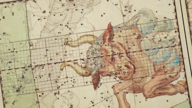 Detailed view of an ancient representation of the taurus zodiac constellation on a vintage document
