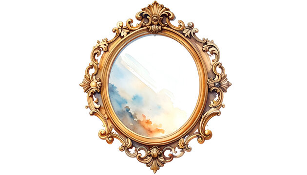 Ornate gold-framed mirror reflecting a watercolor sky against a stark black background