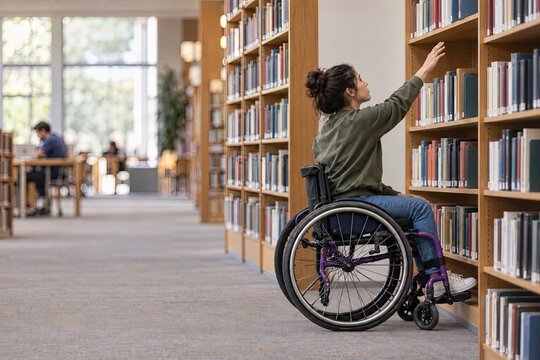 Wheelchair User Reaching for a Book in Library, Inclusive Education and Accessible Learning Concept