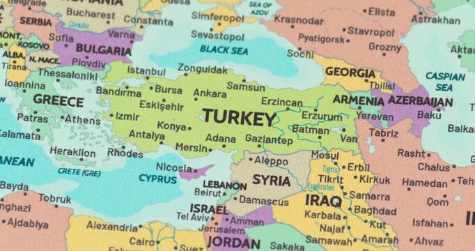 Zoom out view of turkey on a modern political world map