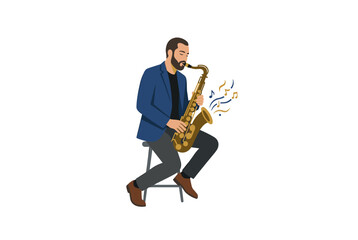 Fototapeta premium A bearded man playing saxophone while sitting on a stool