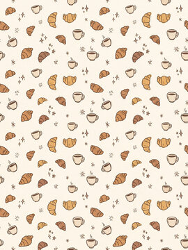 Hand Drawn Croissant and Coffee Seamless Pattern