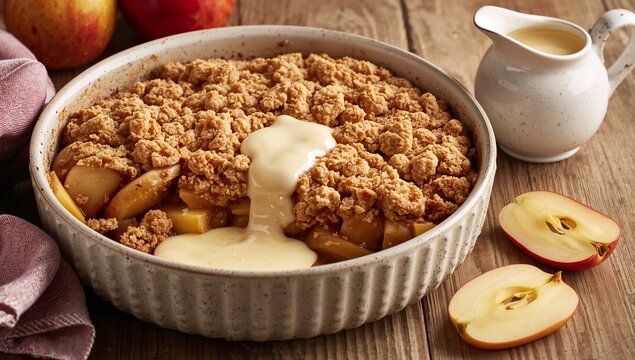 Apple crumble with creamy custard, baked apple filling, and golden streusel topping served in a rustic dish on a wooden table with fresh apple slices.