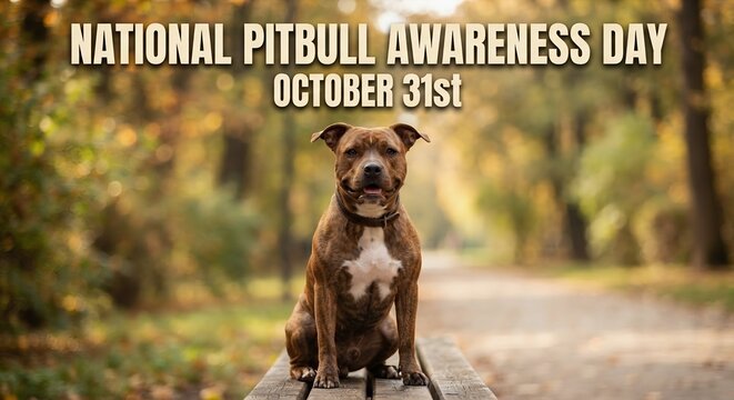 National Pitbull Awareness Day October 31st with Brindle Pitbull Sitting on a Park Bench in Autumn