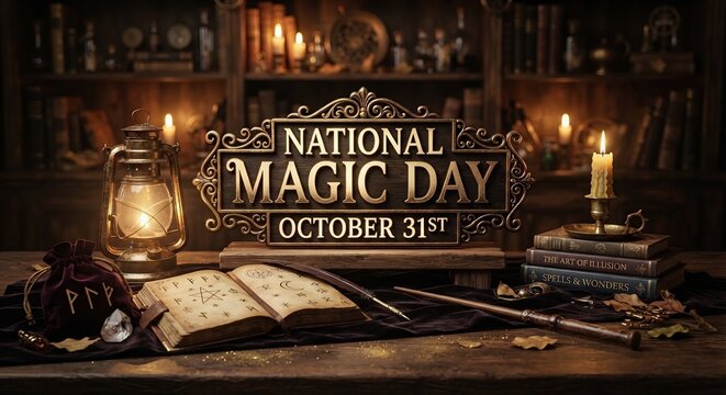 National Magic Day October 31st with magic books, wand, and glowing candles in a mystical library setup