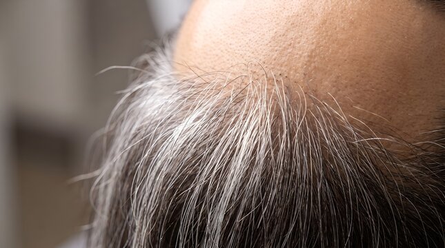 Close up of receding hairline and thinning gray hair on middle aged man bald scalp