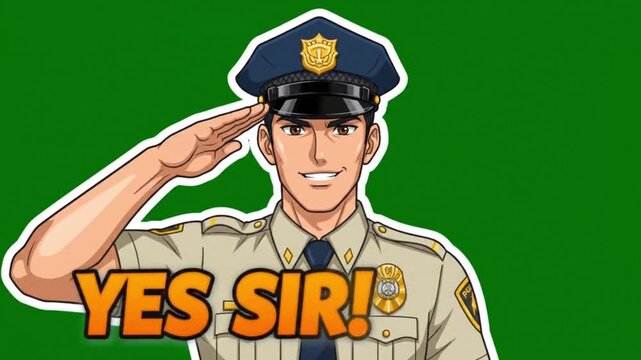 Anime Police Officer Saluting with Text Isolated on Green Screen. 4K Video