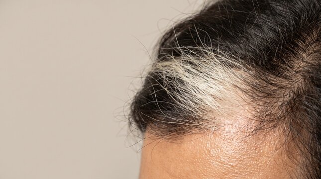 Close up of white hair streak poliosis and receding hairline on human forehead and scalp