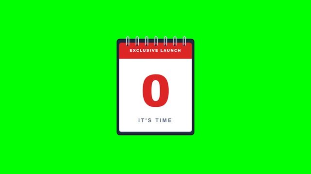 Tear off calendar countdown animation from 5 days to launch with confetti explosion on green screen chroma key in 4K