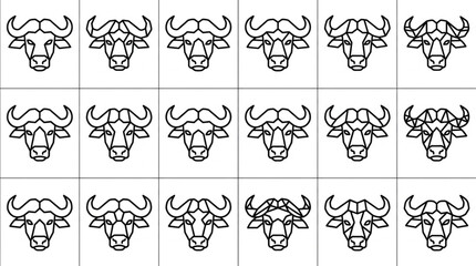 Fototapeta premium Dynamic Black and White Line Drawing Animation Sequence of African Buffalo Heads in Various Angles and Expressions